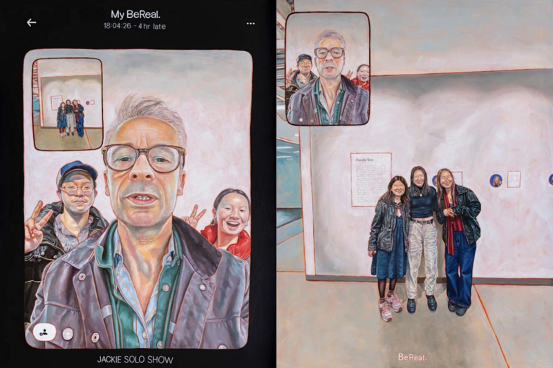 A painting by Jackie Liu titled Professor Nemerov Takes Over Audrey’s BeReal depicts a humorous dual-perspective scene from a BeReal app screenshot. The left panel shows a close-up selfie of a professor with students posing playfully behind him, while the right panel shows the same group posing in front of artwork at a gallery.